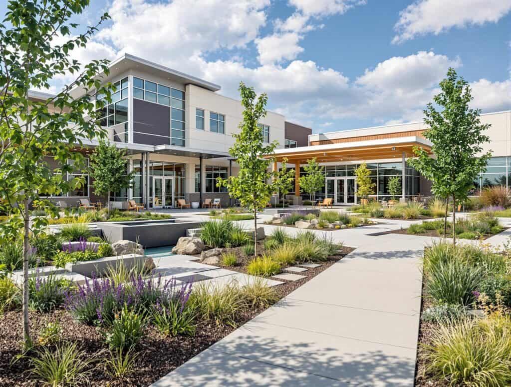 Professionally maintained commercial grounds with native plantings and clean walkways