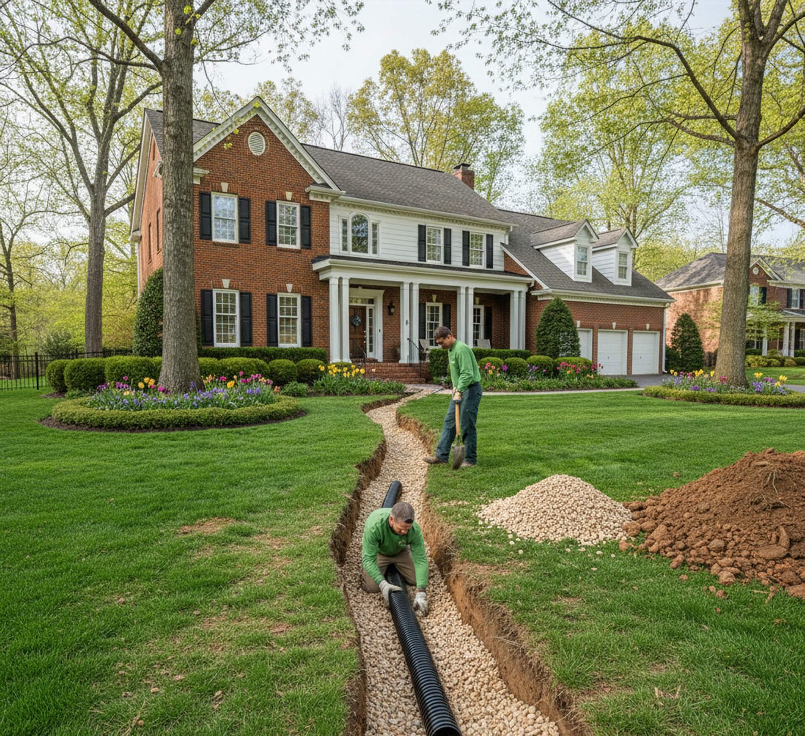 Crew installing lawn drainage across the front yard of an estate property